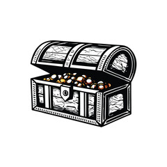 Create a high-resolution, editable stroke vector graphic of an open treasure chest overflowing with gold coins and jewels.  Include detailed textures.