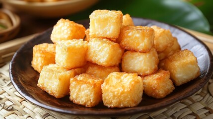 Crispy Golden Fried Tofu Cubes on Rustic Plate A Delicious Snack or Side Dish