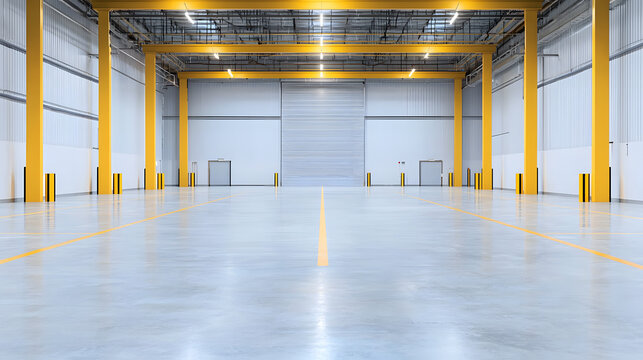 Bright, empty warehouse interior with yellow supports and floor markings. Clean, modern industrial space ready for storage or manufacturing use.
