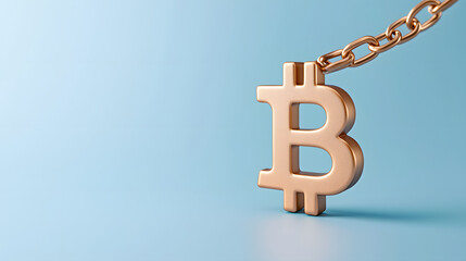golden Bitcoin symbol hanging from chain against light blue background, representing connection between cryptocurrency and security