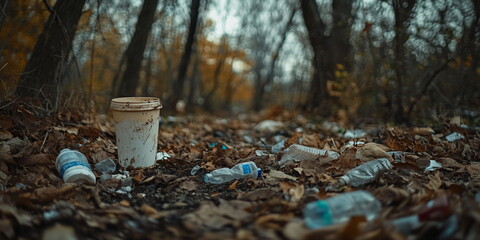 Close-up shot of plastic trash in the forest after camping. Forest pollution