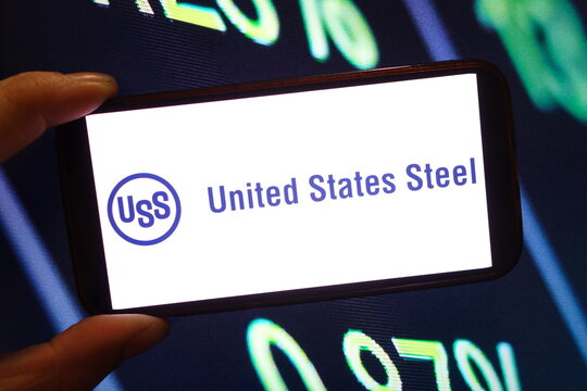 Konskie, Poland - February 07, 2025: U.S. Steel company logo displayed on mobile phone