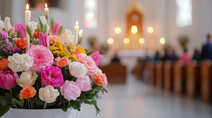 Obraz premium A vibrant bouquet of flowers in a serene setting, with candles flickering in the background, creating a peaceful atmosphere.
