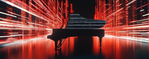 AI-powered music composer, futuristic holographic instrument, digital symphony visualization, neon-lit performance stage