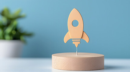 wooden rocket model on circular base symbolizes innovation and growth, set against soft blue background with plant in background, evoking sense of creativity and inspiration