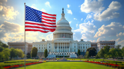Waving American Flag in Front of the United States Capitol Building on a Sunny Day