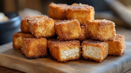 Crispy Golden Fried Tofu Cubes on Wooden Board, Delicious Vegan Appetizer Recipe