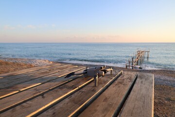 Fototapeta premium Beach sunset table. High quality photo