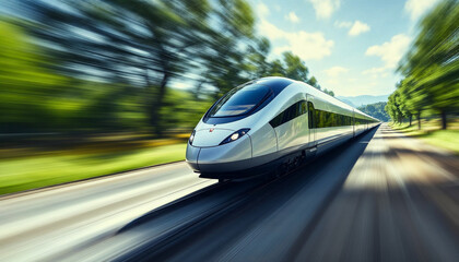 Fototapeta premium High-speed train in sharp focus with motion-blurred landscape, emphasizing speed.