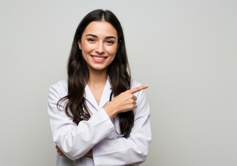 A smiling female doctor with long dark hair in a white coat pointing confidently to her side