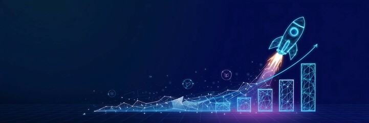 High-tech digital growth chart with a launching rocket on a blue background. financial growth, startup success, stock market performance, and business expansion.