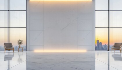 Fototapeta premium Elegant office reception area with soft-focus effect, large windows showcasing city skyline, polished floors reflecting ambient light, luxurious corporate setting