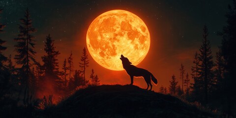 Fototapeta premium Howling at the Blood Moon: A Wolf's Nocturnal Serenade