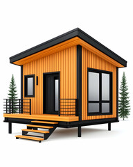 Cozy cabin house, outdoor living on wood platform for family vacation design. Generative AI