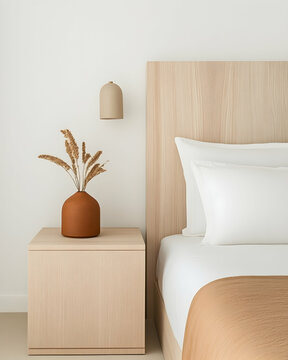 Cozy bedroom interior with natural light. Vase with dry flowers on bedside table. Generative AI
