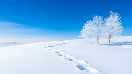 Footprints in snow lead to trees under a clear blue sky, ideal for winter scenery. Generative AI