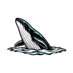 Create a highly detailed, editable stroke vector graphic of a whale breaching the water, showcasing its powerful form and dynamic movement.  Include realistic textures and ocean details.