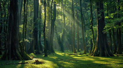 Obraz premium serene ancient forest with towering trees and sunlight filtering through