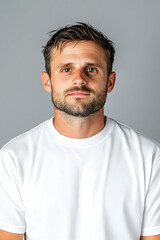 Obraz premium Man in white t-shirt portrait, indoors against gray background, for marketing. Generative AI