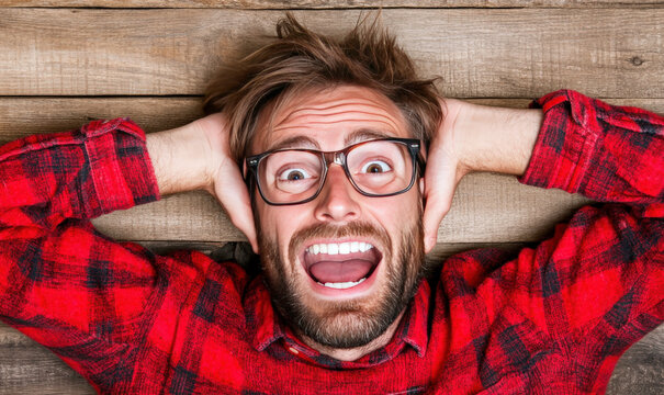 Frustrated man with glasses in checkered shirt holding head and screaming in despair on wooden background with rustic texture and emotional expression - Powered by Adobe