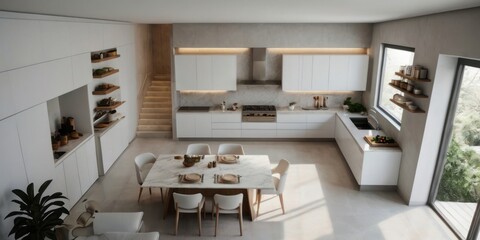 Modern Minimalist Kitchen Design With Island And Staircase
