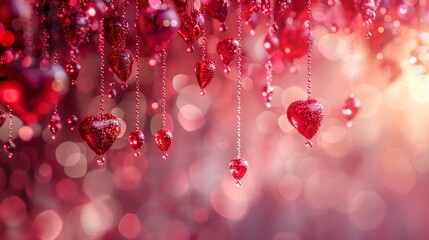Elegant Red Glitter Heart Decorations Hanging with Bokeh Light for Valentine's Day