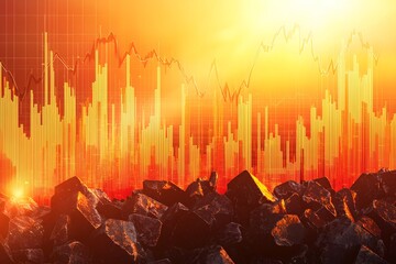 Financial Volatility: An abstract stock chart rises and falls amidst a landscape of jagged black rocks against an orange-tinged sky, symbolizing the unpredictable nature of financial markets.