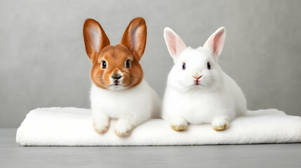 Obraz premium Two adorable bunnies resting on towel in studio background. for Easter promotions. Generative AI