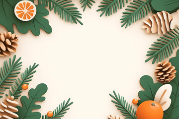 Winter frame with pine branches, cones, mandarin. Festive background for holiday card. Generative AI