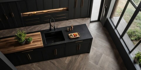 Modern Black Kitchen Island With Wooden Countertop