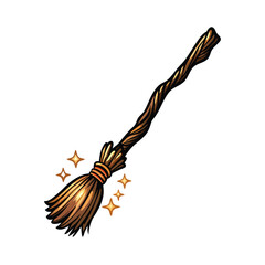 Create an editable vector illustration of a witch's broom, intricately detailed, including a small magical orb or glowing crystal attached.  High-resolution, clean lines.