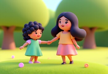 Cartoon Girls Holding Hands in a Park with a Playful Atmosphere