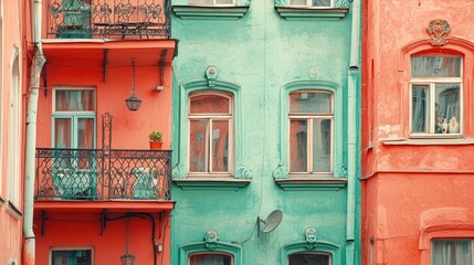Obraz premium Colorful buildings, city street, architectural detail, pastel facade, urban scene, travel photography