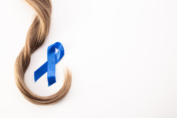  Awareness blue ribbon with hair on white background, ribbon, sign of solidarity. Alopecia, 
