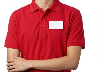 A cropped view of a person wearing a bright red uniform polo shirt with a blank white name tag on the left side of the chest