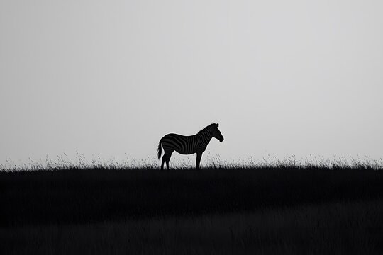 Solitary Zebra Silhouette: A stark silhouette of a zebra stands alone against a hazy sky, a powerful image of resilience and freedom in the face of vastness.