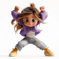 Cartoon girl dancing with joy, celebrating with excitement and happiness