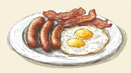 A charming hand-drawn sketch of a breakfast scene featuring two fried eggs, grilled sausages, and crispy bacon, placed on a white ceramic plate.