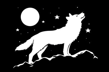Fototapeta premium Wolf's Serenade: Under a moonlit sky, a lone wolf silhouetted against the stars, its head tilted skyward as if howling at the moon.