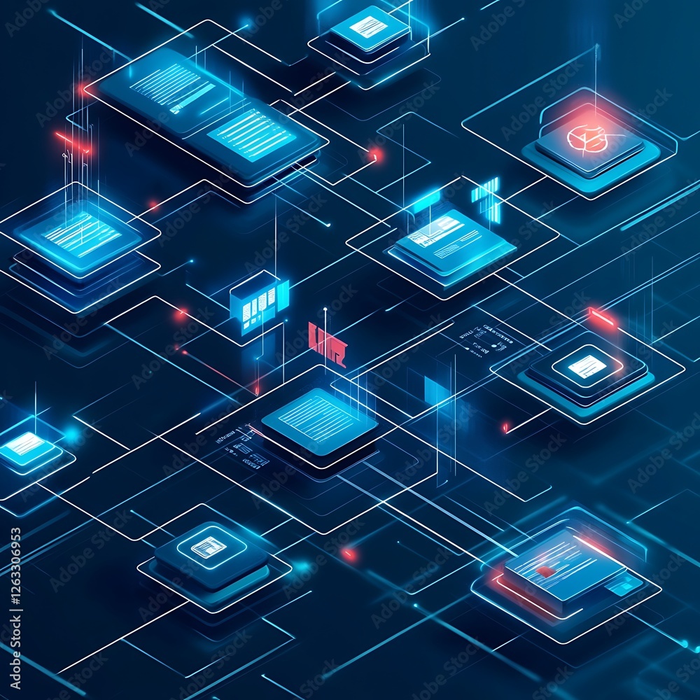 Poster abstract digital network connecting data blocks.