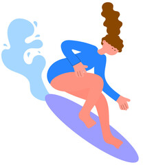 Woman surfer crouching on surfboard, ocean wave, extreme sport, flat vector illustration