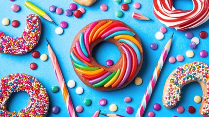 Rainbow donut, candies, pencils, flatlay, blue background, sweet treats, food photography