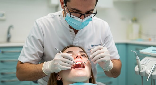 Dental Checkup: Professional Oral Care - Dentist examining a patient's teeth during a routine checkup. Focus on preventative dental care and oral hygiene
