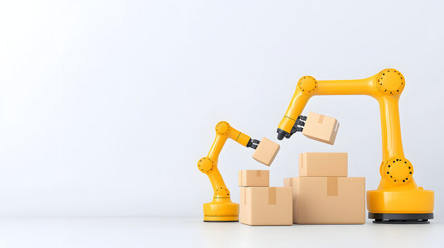 Robots in smart warehouse efficiently handling packages and boxes. collaboration between robotic arms showcases advanced automation technology in logistics and storage