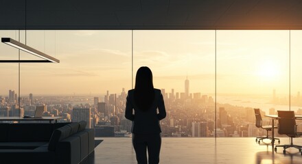 Fototapeta premium City Sunrise Vision - A woman silhouetted against a cityscape at sunrise, symbolizing ambition, success, opportunity, perspective, and future
