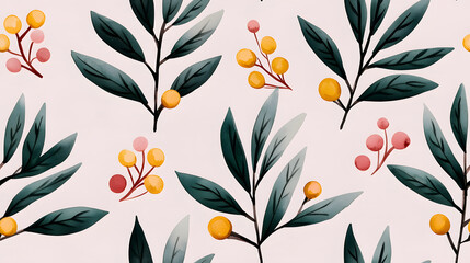 Fototapeta premium Colorful watercolor floral pattern featuring leaves and berries