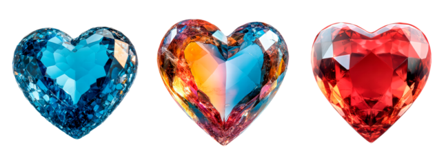 Set of simple heart shape diamond gemstone crystal heart-shaped isolated on transparent background