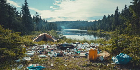 Plastic trash at a campsite near a lake. Nature pollution after tourists