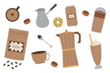 Set of elements for making coffee. Vector illustration in flat style.