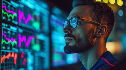 Fototapeta premium Data analysis insights financial center digital screen display high-tech environment close-up view market trends visualization